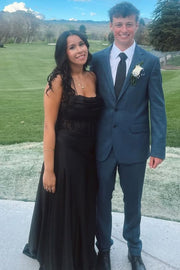 Black Strapless Pleated Cowl Neck Satin Prom Dress with Appliques