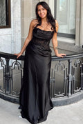 Black Strapless Pleated Cowl Neck Satin Formal Prom Dress, Lace