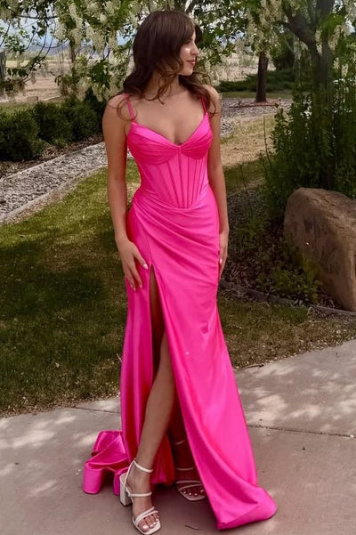 Spaghetti Straps Hot Pink V-Neck Pleats High Slit Long Dress