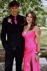 Spaghetti Straps Hot Pink V-Neck Pleats High Slit Long Dress