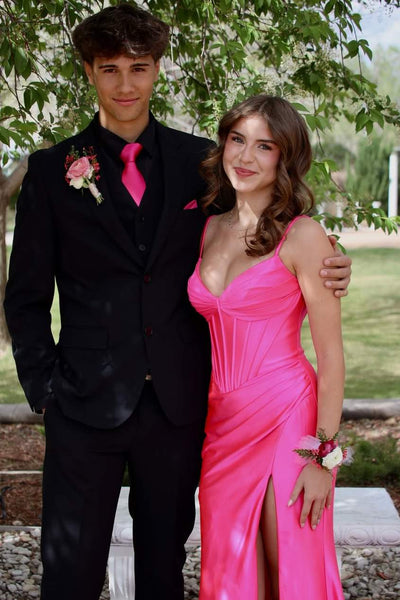 Spaghetti Straps Hot Pink V-Neck Pleats High Slit Long Dress