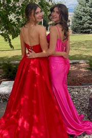 Spaghetti Straps Hot Pink V-Neck Pleats High Slit Long Dress