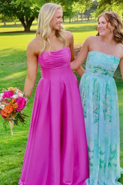 A-Line Strapless Pleats Empire-Waist Sleeveless Long Prom Dress