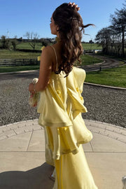 Yellow Straps A-Line Ruffles Satin Sleeveless Formal Prom Dress with Flower