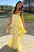 Yellow Straps A-Line Ruffles Satin Sleeveless Formal Prom Dress, Flower