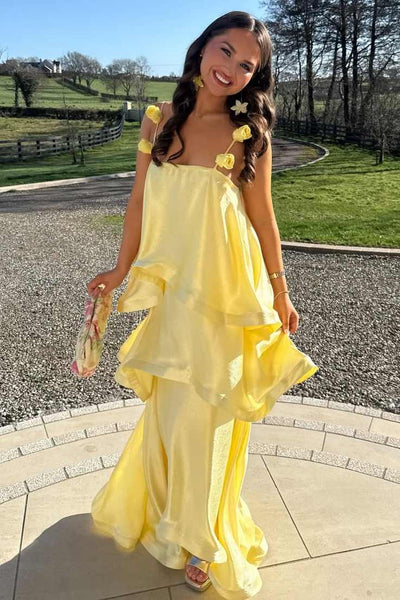 Yellow Straps A-Line Ruffles Satin Sleeveless Formal Prom Dress with Flower