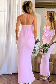 Pink Strapless Twist Sweetheart Ruffles Chiffon Prom Dress