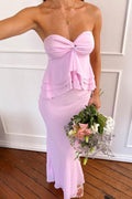 Pink Strapless Twist Sweetheart Ruffles Satin Chiffon Prom Dress