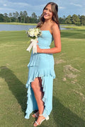 Asymmetrical Blue Strapless Sleeveless Ruffles Chiffon Prom Dress, Slit