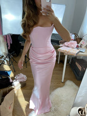 Strapless Pleats Sleeveless Satin Long Formal Prom Dress