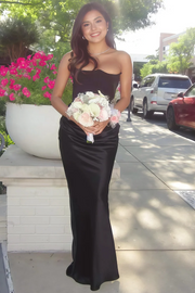 Strapless Pleats Sleeveless Satin Long Formal Prom Dress