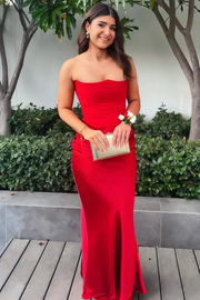 Strapless Pleats Sleeveless Satin Long Formal Prom Dress