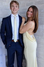 Yellow Spaghetti Straps V-Neck Backless Sleeveless Fitted Prom Dress