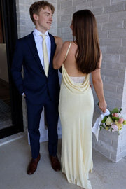 Yellow Spaghetti Straps V-Neck Backless Sleeveless Fitted Prom Dress