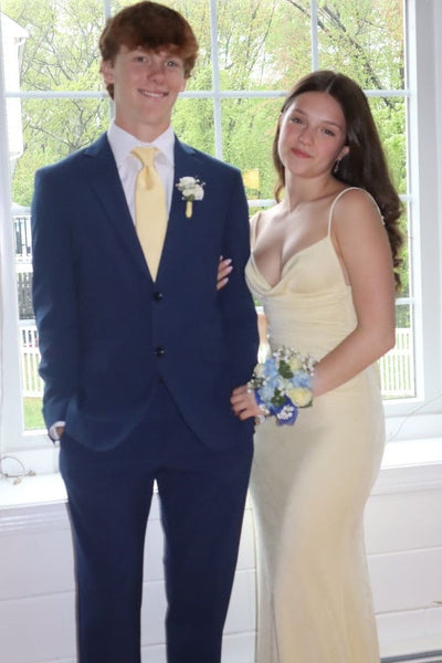 Yellow Spaghetti Straps V-Neck Backless Sleeveless Fitted Prom Dress