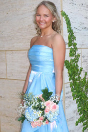 Blue Strapless A-Line Ruffles Empire-Waist Sleeveless Prom Dress