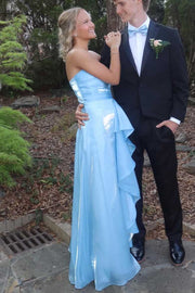 Blue Strapless A-Line Ruffles Empire-Waist Sleeveless Prom Dress
