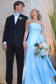 Blue Strapless A-Line Ruffles Empire-Waist Sleeveless Prom Dress