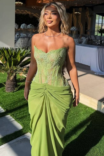 Green Strapless Pleats Chiffon Prom Dress with Appliques