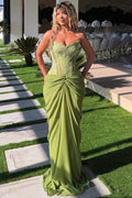 Green Strapless Pleats Lace Chiffon Gathered Long Sweep Prom Dress