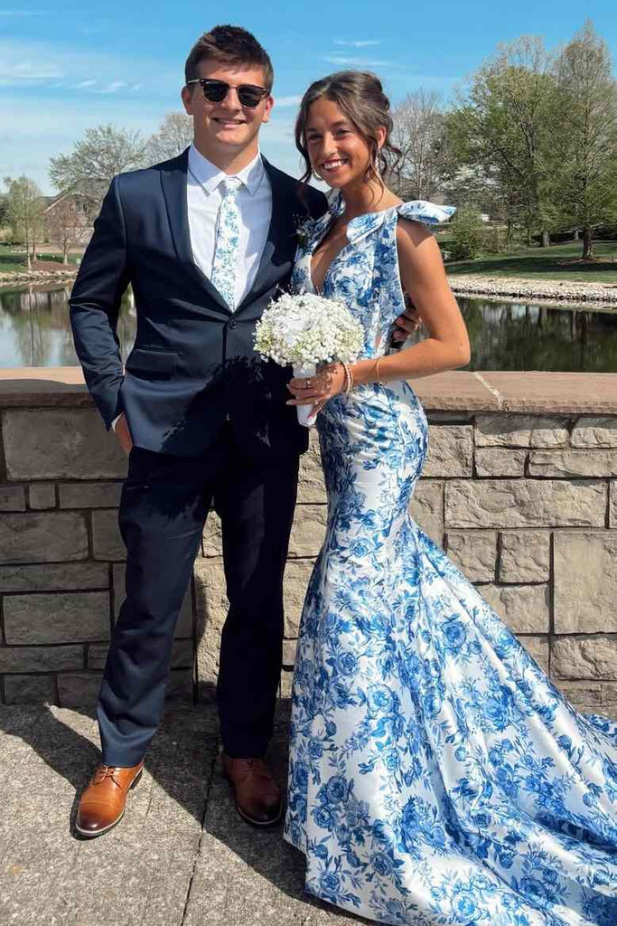 printed mermaid prom dresses Stunning Mermaid V Neck Floral Print Prom Dresses