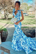 Straps V-Neck Print Mermaid Floral Long Sweep Prom Dress, Bowknot