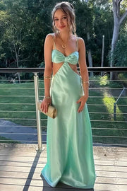 Cute Spaghetti Straps Bow Satin Sleeveless Long Formal Prom Dress