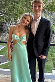 Cute Spaghetti Straps Bow Satin Sleeveless Long Formal Prom Dress