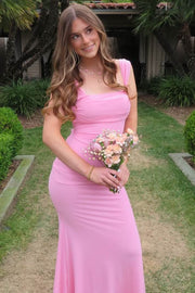 Pink Straps Square Neck Pleats Sleeveless Fitted Long Prom Dress