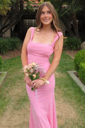 Pink Straps Square Neck Pleats Sleeveless Fitted Long Prom Dress