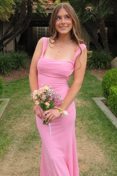 Pink Straps Square Neck Pleats Sleeveless Fitted Long Prom Dress