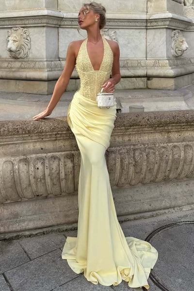Halter Deep V-Neck Pleats Sleeveless Mermaid Satin Long Prom Dress