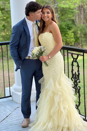 Yellow Strapless Sleeveless Ruffles Tulle Long Prom Dress with Appliques