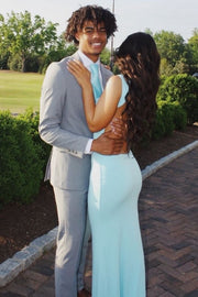 Blue Straps Cowl Neck Satin Pleats Sleeveless Formal Prom Dress