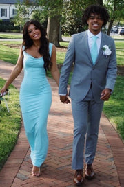 Blue Straps Cowl Neck Satin Pleats Sleeveless Formal Prom Dress