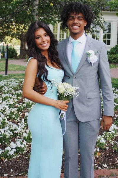 Blue Straps Cowl Neck Satin Pleats Sleeveless Formal Prom Dress