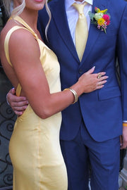 Yellow One Shoulder Sleeveless Backless Satin Long Formal Dress