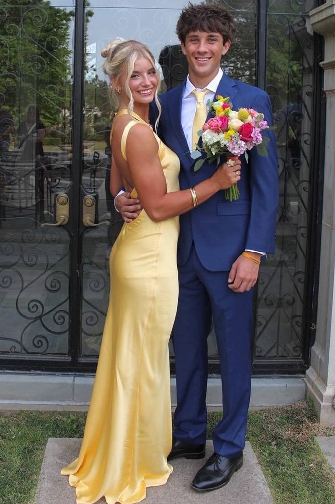 Yellow One Shoulder Sleeveless Backless Satin Long Formal Dress - Princessly Yellow One Shoulder Sleeveless Backless Satin Long Formal Dress - Princessly