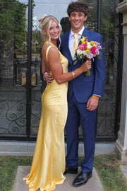 Yellow One Shoulder Sleeveless Backless Satin Long Formal Dress