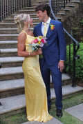 Yellow One Shoulder Sleeveless Backless Satin Long Formal Dress
