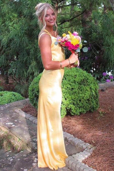 Yellow One Shoulder Sleeveless Backless Satin Long Formal Dress