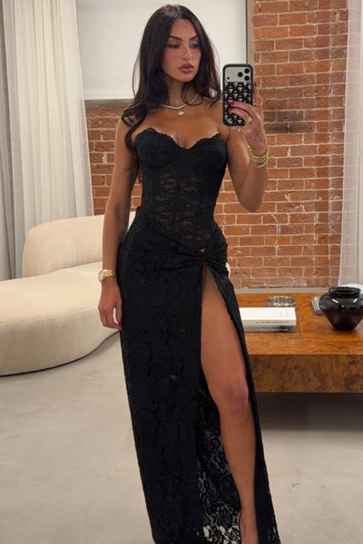 Black Strapless Sweetheart Lace Sleeveless High Slit Prom Dress