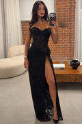 Black Strapless Sweetheart Lace Sleeveless High Slit Prom Dress