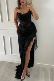 Black Scoop Neck Lace Side Slit Pleats Long Prom Evening Dress