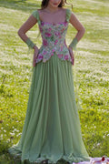 Green A-Line Straps Lace Pleated Chiffon Long Sweep Prom Dress