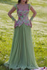Vestido largo verde de fiesta, línea A, con tirantes, encaje, pliegues, gasa y cola ligera