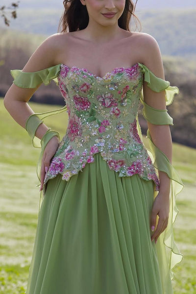 Green A-Line Straps Appliques Empire-Waist Pleated Long Prom Dress