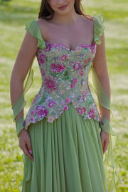 Green A-Line Straps Appliques Empire-Waist Pleated Long Prom Dress