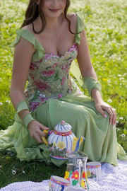 Green A-Line Straps Appliques Empire-Waist Pleated Long Prom Dress