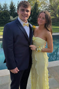 Yellow Strapless Sleeveless Ruffles Long Prom Party Dress, Flower